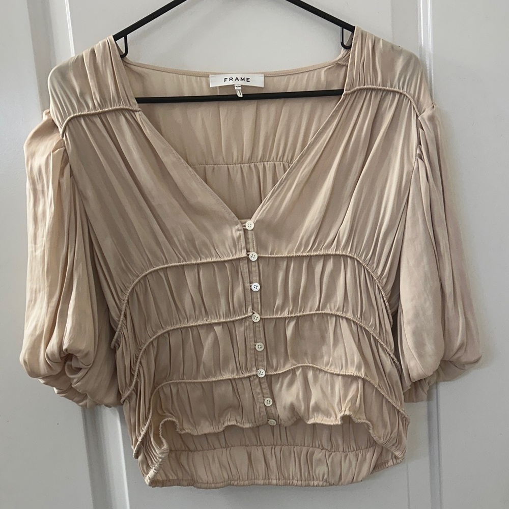 Frame Denim Blush Pink Puff-Sleeve Cropped Blouse